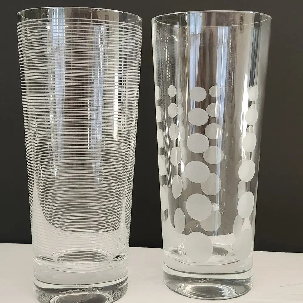 Vtg 2 Mikasa Cheers Highball Etched Glasses Pin Stripes & Dots New Y2K
